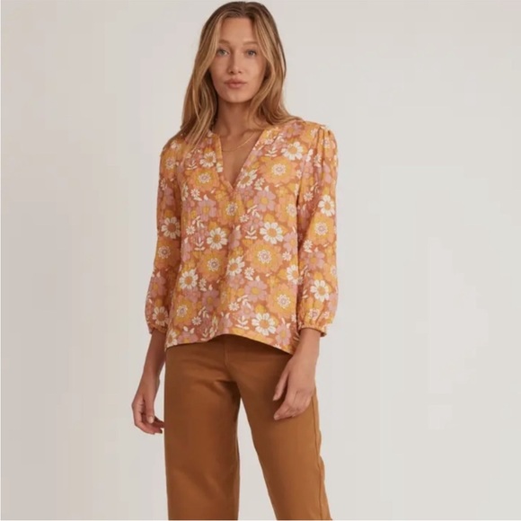 Marine Layer Tops - MARINE LAYER Women's Jamie Multi Floral Print Long Sleeve Split neck top Medium